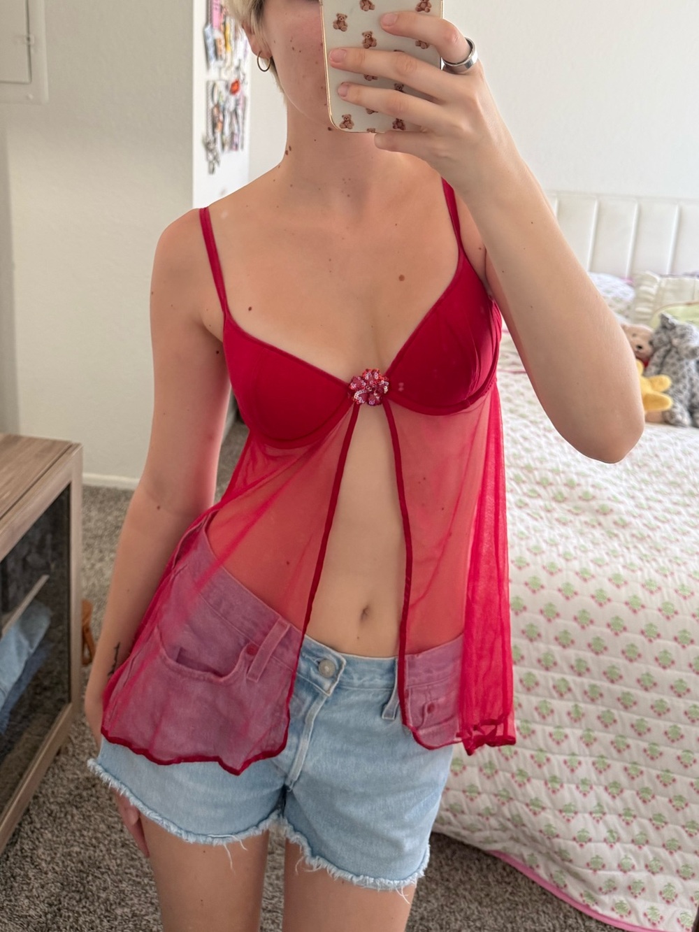 Victoria’s secret Sheer Red Babydoll Lingerie Top with Jewel Accent
